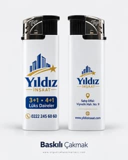 İnşaat firması logosu ve daire tipleri basılı iki beyaz promosyon çakmak