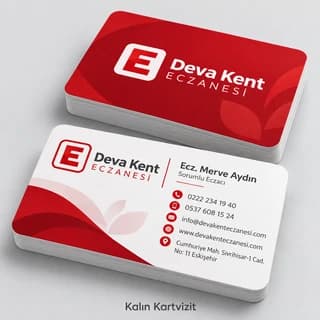 Eczane için kırmızı beyaz kalın kartvizit örneği