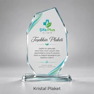 Klinik için kristal teşekkür plaketi örneği