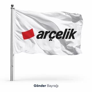 Direkte dalgalanan, beyaz zemin üzerine kırmızı siyah marka logosu baskılı gönder bayrağı