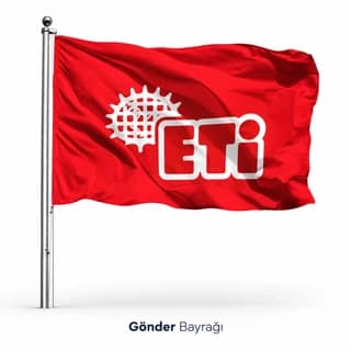 Direkte dalgalanan, kırmızı zemin üzerine beyaz logo baskılı kurumsal gönder bayrağı