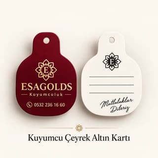 Kuyumcu logosu, adı ve telefonu yazılı bordo altın kartı ile not satırlı beyaz arka yüzü