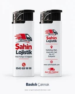 Lojistik firması için kamyon figürlü kırmızı logo ve iletişim bilgileri basılı iki beyaz çakmak
