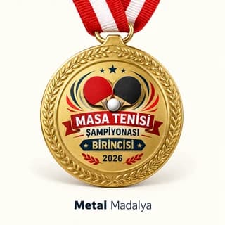 Masa tenisi şampiyonası birincisi yazılı, çapraz raket figürlü altın renk madalya