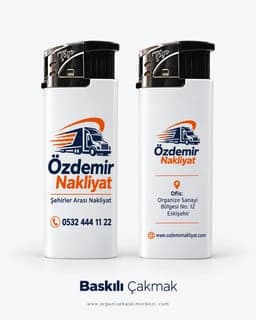 Nakliyat firması için tır figürlü logo ve telefon basılı iki beyaz çakmak