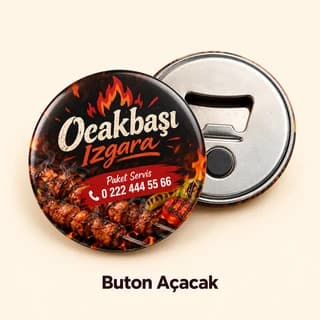 Ocakbaşı ızgara restoranı için şiş kebap görselli, paket servis telefonu baskılı buton açacak