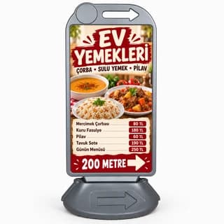 Ev yemekleri lokantası için yemek görselli, menü listeli ve yön oklu gri reklam dubası