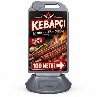 Kebapçı için ızgara kebap görselli, mesafe ve sağ yön oku baskılı gri reklam dubası