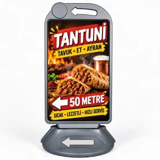 Tantunici için dürüm görselli, mesafe ve sol yön oku baskılı gri reklam dubası