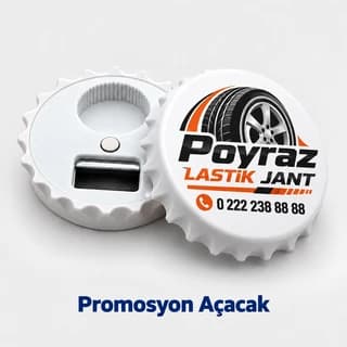 Şişe kapağı formunda, lastik ve jant firması logosu ile telefon basılı beyaz promosyon açacak