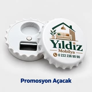 Şişe kapağı formunda, mobilya mağazası logosu basılı beyaz promosyon açacak
