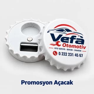Şişe kapağı formunda, oto servis logosu ve telefon basılı promosyon açacak