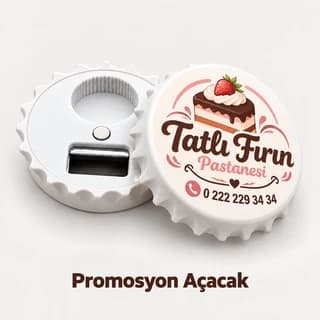 Şişe kapağı formunda, pastane logosu ve telefon basılı promosyon açacak