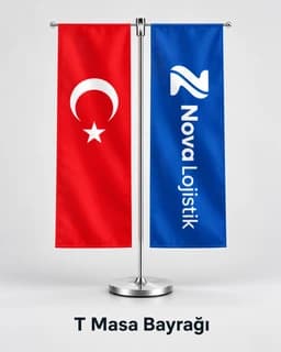 Metal T standında Türk bayrağı ile lojistik firması logolu dikey masa bayrağı