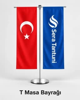 T masa bayrağı: Türk bayrağı ve restoran logolu mavi dikey bayrak
