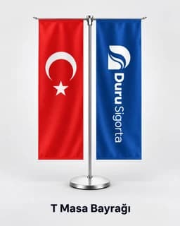 Krom T standında Türk bayrağı ve sigorta acentesi logolu dikey masa bayrağı
