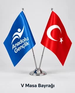 Krom V standında Türk bayrağı ve dernek logolu baskılı masa bayrağı