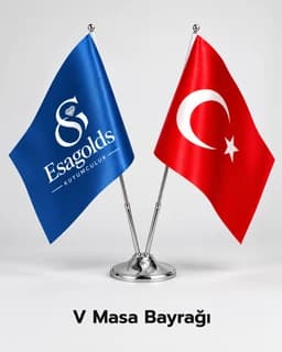 V masa bayrağı: Türk bayrağı ve kuyumcu logolu mavi bayrak