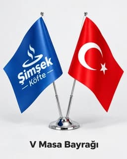 İkili V masa bayrağı: Türk bayrağı ve restoran logolu mavi bayrak