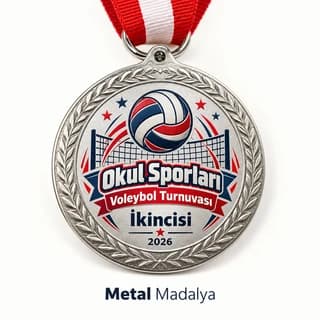 Voleybol turnuvası ikincisi yazılı, top ve file figürlü gümüş renk madalya