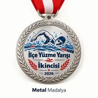 Yüzme yarışı ikincisi yazılı, kulaç atan yüzücü figürlü gümüş renk madalya
