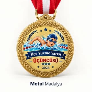 Yüzme yarışı için yüzücü çocuk çizimli, derece baskılı altın renk madalya