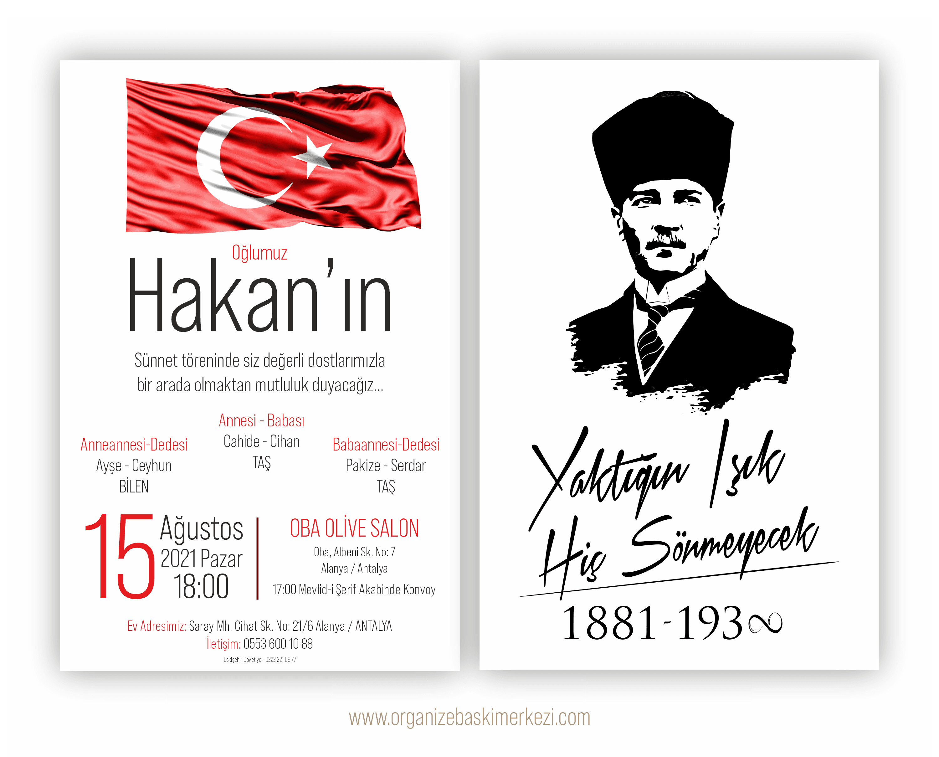 Türk Bayraklı ve Atatürklü Davetiye