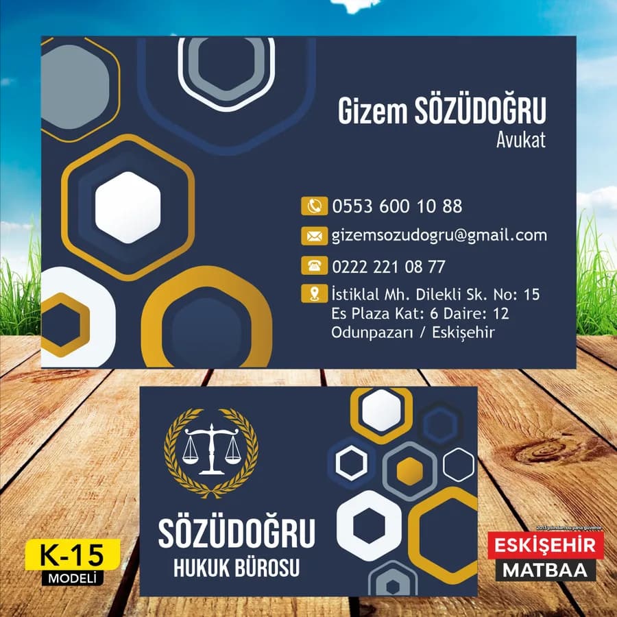 Lacivert Altın Petek Avukat Kartviziti ön ve arka yüz tasarımı