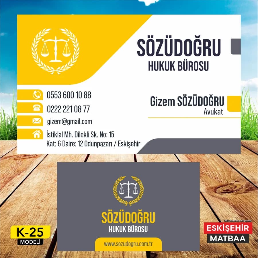 Sarı Lacivert Hukuk Bürosu Kartviziti ön ve arka yüz tasarımı