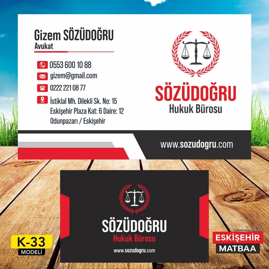 Beyaz Kırmızı Kurumsal Hukuk Bürosu Kartviziti ön ve arka yüz tasarımı