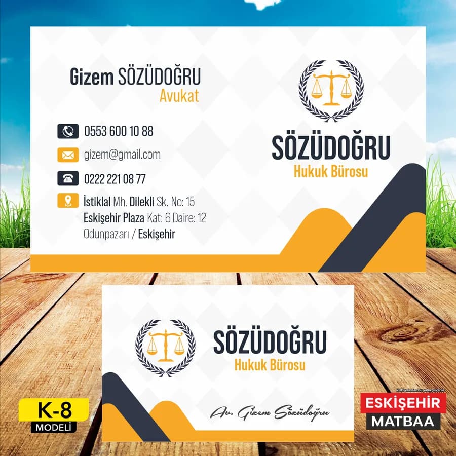 Beyaz Sarı Modern Avukat Kartviziti ön ve arka yüz tasarımı