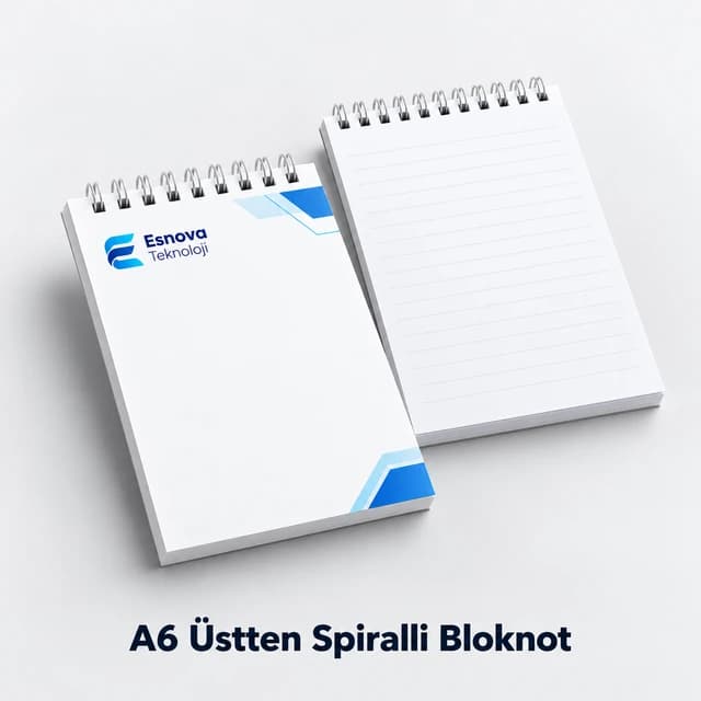 Logolu kapağı ve iç sayfasıyla A6 (9 × 13 cm) üstten spiralli bloknot