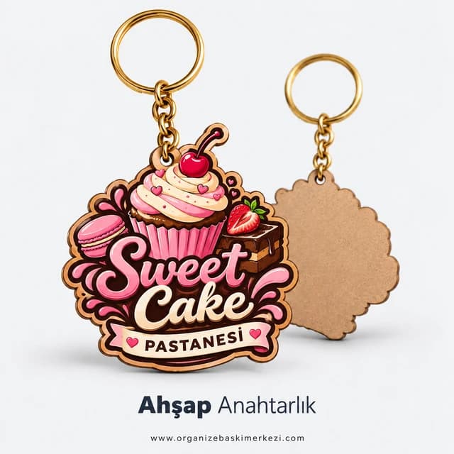 Pastane logosu şeklinde kesilmiş, cupcake çizimli renkli baskılı ahşap anahtarlık