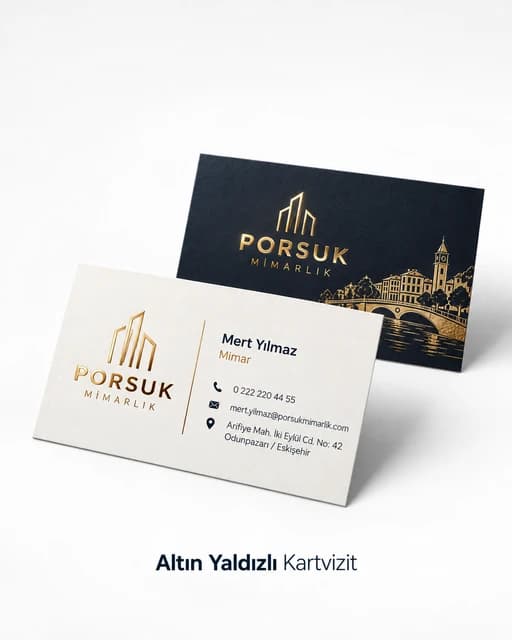 Altın yaldızlı logo ve yazılı kartvizit örneği