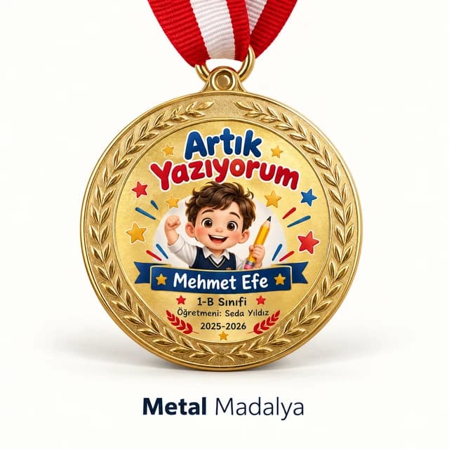 Artık Yazıyorum yazılı, elinde kalem tutan erkek çocuk çizimli altın renk öğrenci madalyası