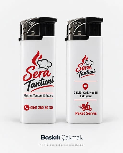 Restoran logosu, telefon ve paket servis bilgisi basılı iki beyaz promosyon çakmak