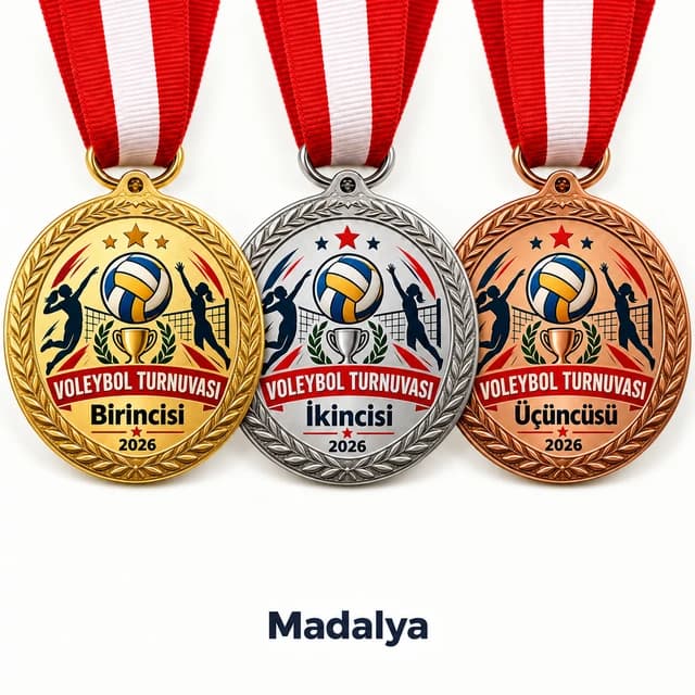 Birincisi, ikincisi ve üçüncüsü yazılı altın, gümüş ve bronz renk üç madalya yan yana