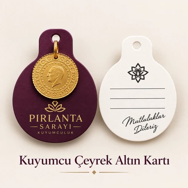 Üzerine çeyrek altın takılmış, kuyumcu logolu mor altın kartı ve not satırlı beyaz arka yüzü
