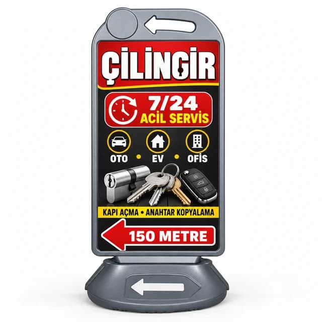 Çilingir için acil servis yazılı, anahtar görselli, mesafe ve sol yön oku baskılı reklam dubası