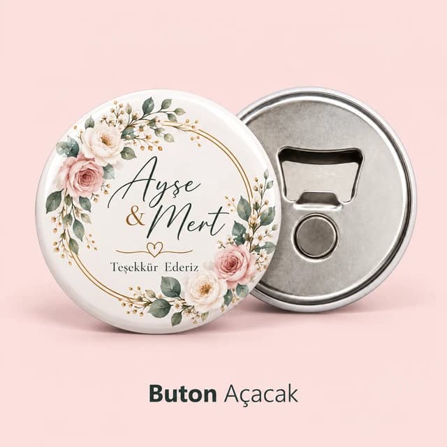 Düğün hediyesi için çiçek çerçeveli, çift adı ve teşekkür yazısı baskılı buton açacak