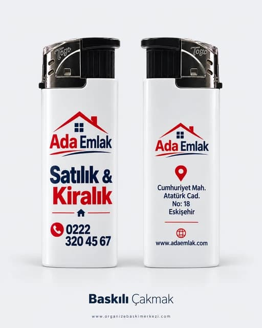 Emlak ofisi logosu, satılık ve kiralık yazısı ile telefon basılı iki beyaz çakmak