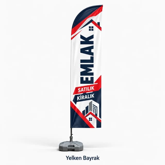 Emlak, satılık ve kiralık yazılı, ev ve bina figürlü lacivert kırmızı ayaklı yelken bayrak