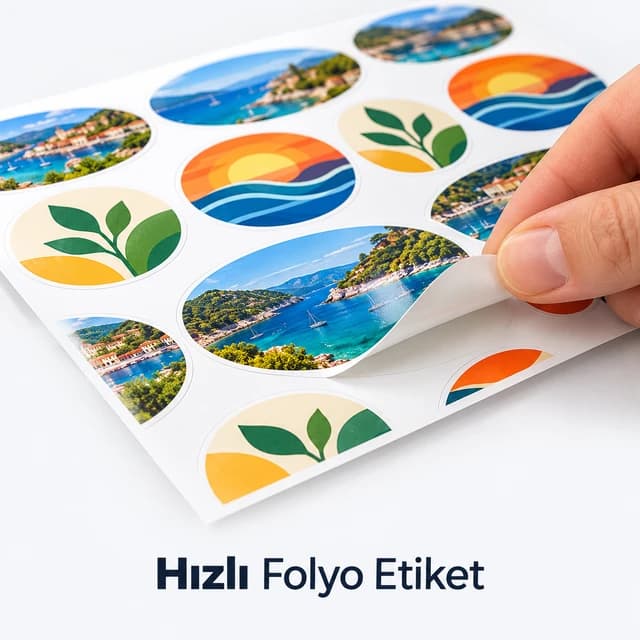 Tabakadan elle kaldırılan, manzara ve yaprak desenli yuvarlak kesim folyo etiketler