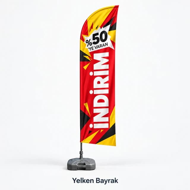İndirim yazılı, indirim oranı belirtilmiş kırmızı sarı siyah ayaklı yelken bayrak
