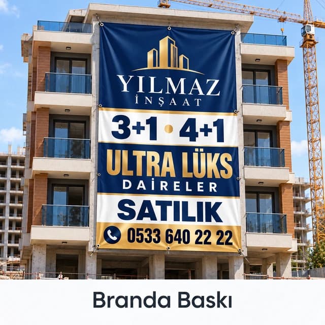 İnşaat halindeki binanın cephesinde, firma adı ve satılık daire tipleri yazılı lacivert altın renk branda