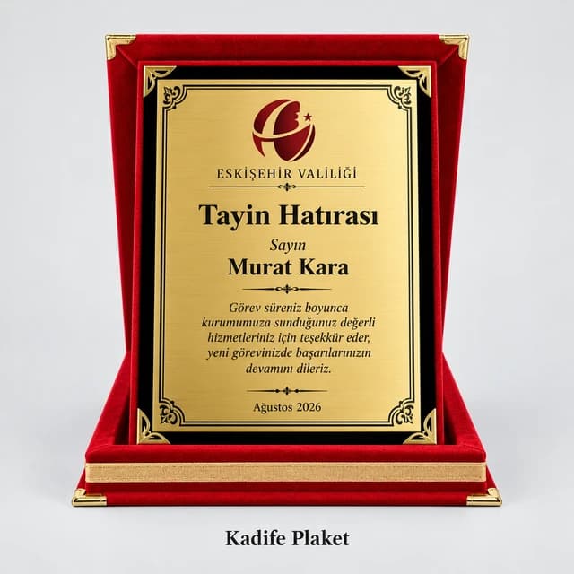 Kırmızı kadife kutulu tayin hatırası plaketi örneği
