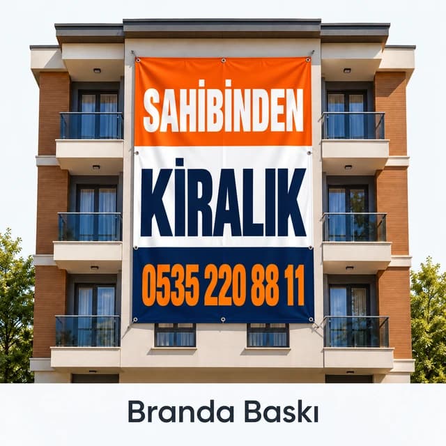 Apartman cephesine asılı, sahibinden kiralık yazılı turuncu beyaz lacivert branda