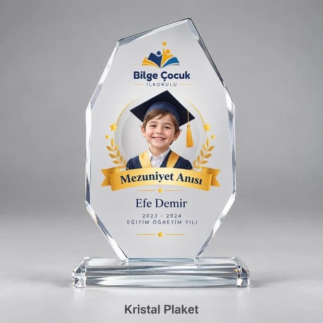 İlkokul öğrencisi için fotoğraflı mezuniyet kristal plaketi örneği