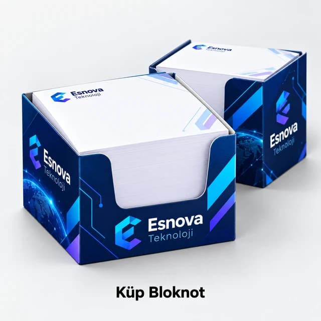 Yüksek kutulu, teknoloji firması logolu 500 yapraklı küp bloknot örneği