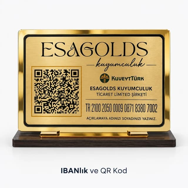 Kuyumcu adı, QR kod, banka ve IBAN yazılı altın sarısı kuyumcu tezgahı IBAN standı